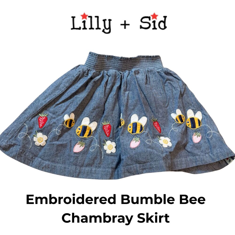 Lilly + Sid Girls 3-4Y Chambray Skirt Embroidered Bees Strawberries Flowers